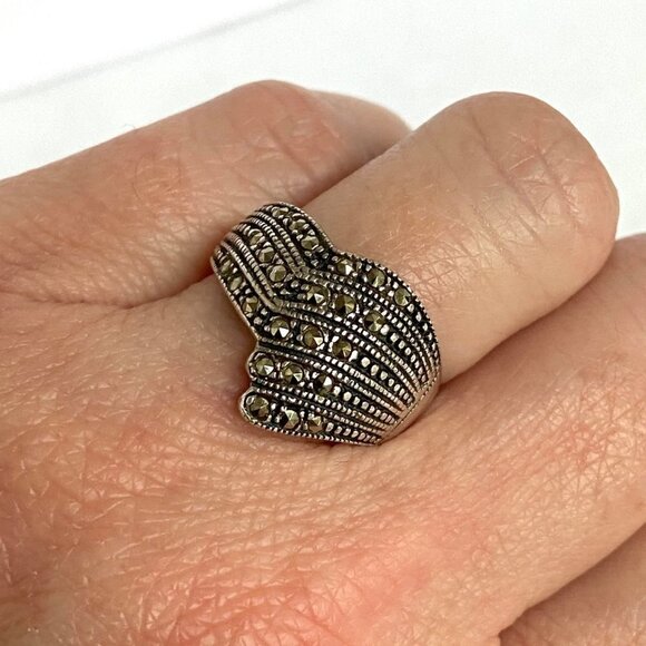 Sterling Silver 925 Art Deco Style Marcasite Asymmetric Wide Band Ring Sz 6.5 - Picture 3 of 16